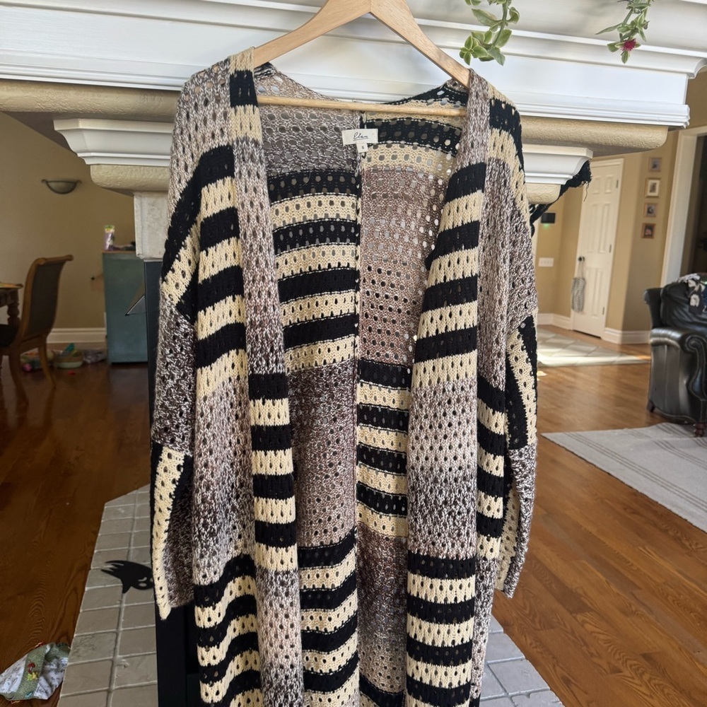 Elan Knit Duster Tan and Stripe Open Front Size Small - Picture 4 of 6
